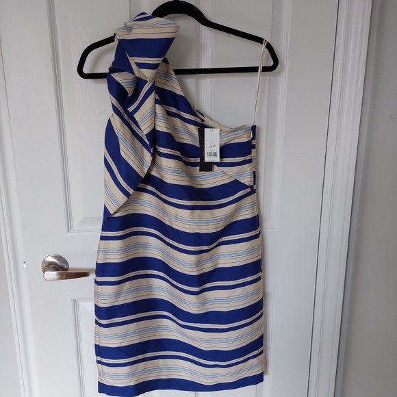 New Banana Republic  fitted Sheath Dress blue Stripe One-Shoulder Bow Size 4 - Picture 3 of 10